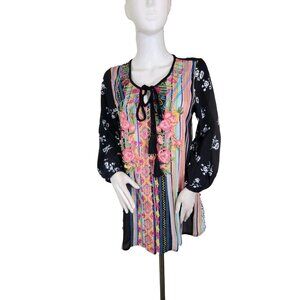 Calessa Womens Top Size S Tunic Blouse  Embroidered Boho Floral  3/4 sleeve (26)